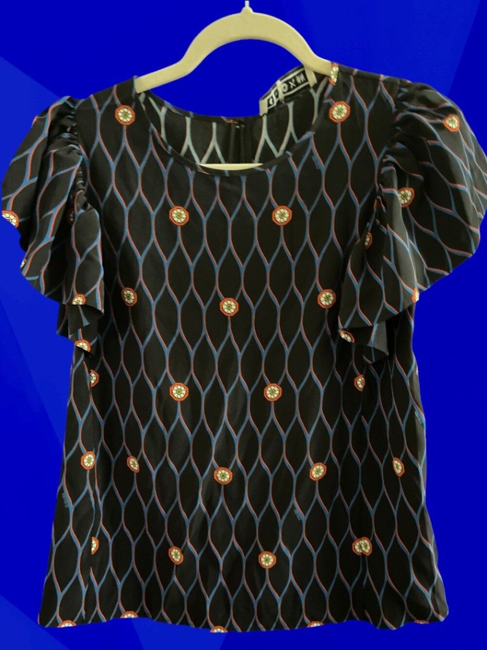 KENZO x H&M Pure Silk Geometric Ruffle Sleeve Blouse Black Blue Red White